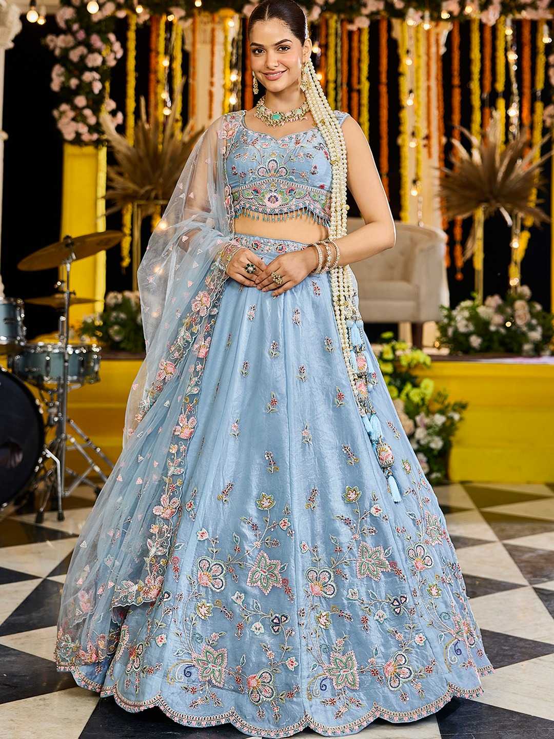 Satin Silk Embroidered Sequins Lehenga